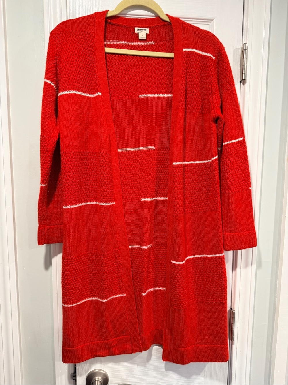 J.Crew Size M Red White Striped Long Open Front Textured Cardigan Sweater